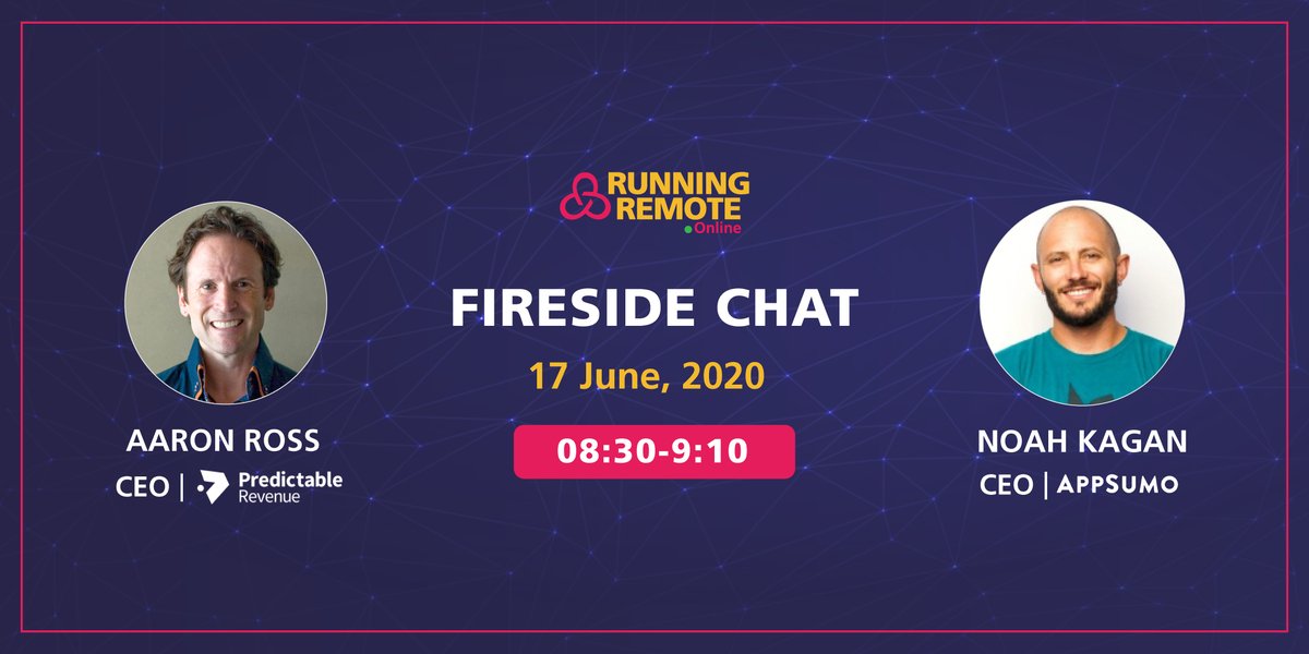 RunningRemote's tweet photo. Register here 👉 https://t.co/2m77Ih8Vh9 for #RunningRemoteOnline for FREE &amp; get a chance to witness @noahkagan, CEO of @AppSumo interview @motoceo CEO of Predictable Revenue on 17 Jun &amp; give insights 🕵️‍♂️ from their first hand experiences on scaling a #remotesalesteam. https://t.co/p9KdsyVjn8