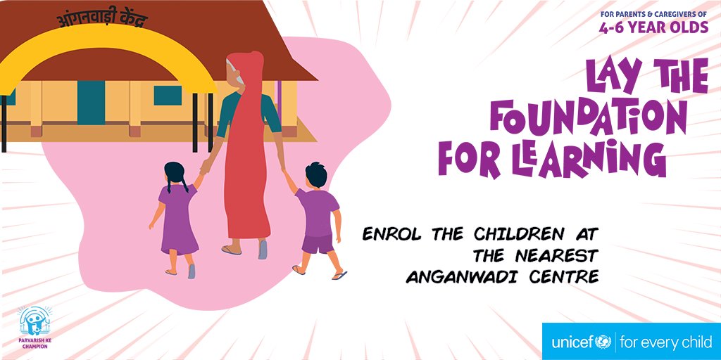 UNICEFIndia's tweet photo. Your child is growing and needs your continued support and guidance. Here's our advice for your child aged between 4-6 years. 

Lay the foundation of learning. Enrol them at the nearest preschool or Anganwadi Centre.

#EarlyMomentsMatter https://t.co/v7DL4eYSpD