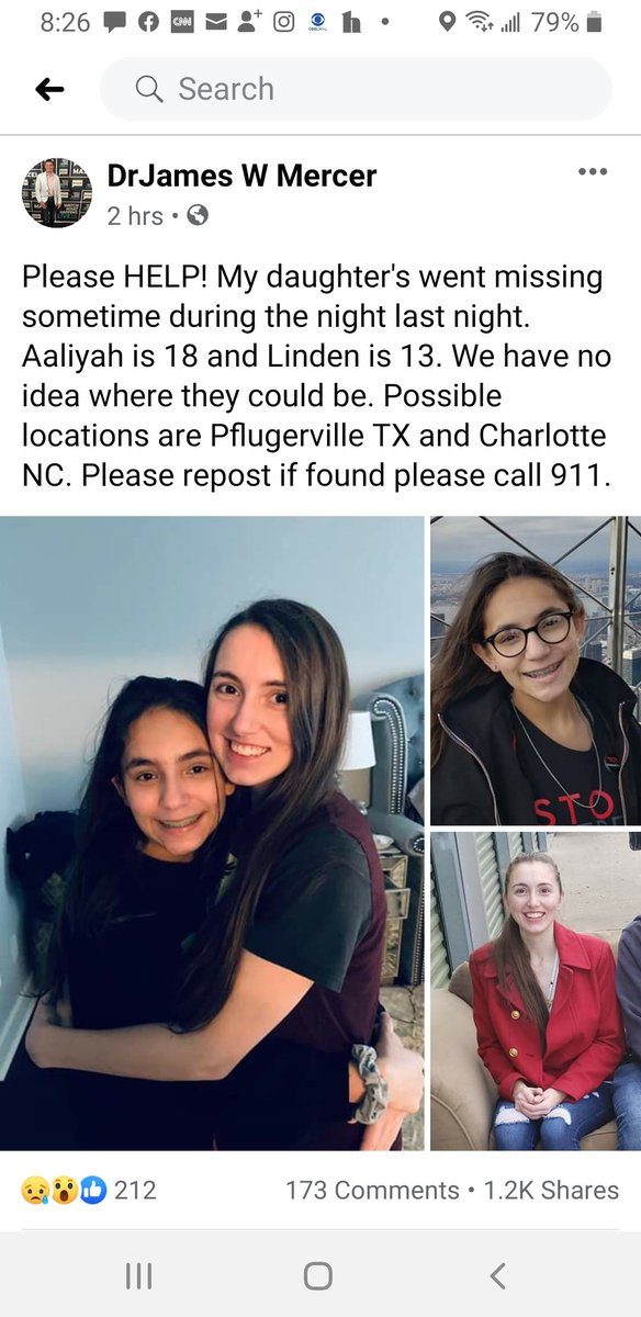 Please HELP! <a href="/DrJamesMercer/">Dr. James W. Mercer</a> daughter's went missing sometime during the night last night. Aaliyah is 18 and Linden is 13. We have no idea where they could be. Possible locations are Pflugerville TX and Charlotte NC. Please repost if found please call 911. Retweet this PLEASE!