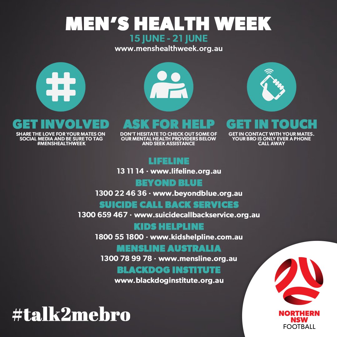 NNSWF's tweet photo. Itโs Menโs Health Week!
So what better time to check in on your bros!
It might be as simple as a phone call to ask how theyโre going. But it could make all the difference.
Because, as our mates at #Talk2MeBro say, brothers donโt let brothers fight alone.
#MensHealthWeek https://t.co/qlZfmgyv73