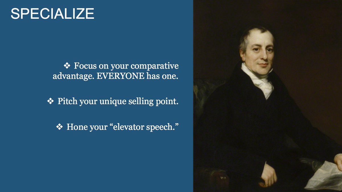 [David Ricardo] Don't be a jack of all trades, master of none. Vertical expertise trumps horizontal generalism.Focus on studying in-depth one area that helps you stand out from the crowd, and to get that first job. You can then move on to focus on other issues. 2/7