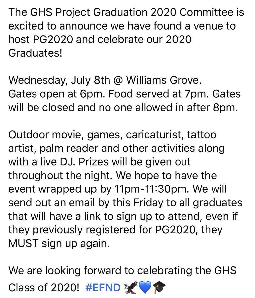 EFND2020's tweet photo. GHS Project Graduation 2020 Update. #EFND @GeorgetownHS @Mr_B_Johnson @ghsseniorclass_ https://t.co/3eBD645nUp