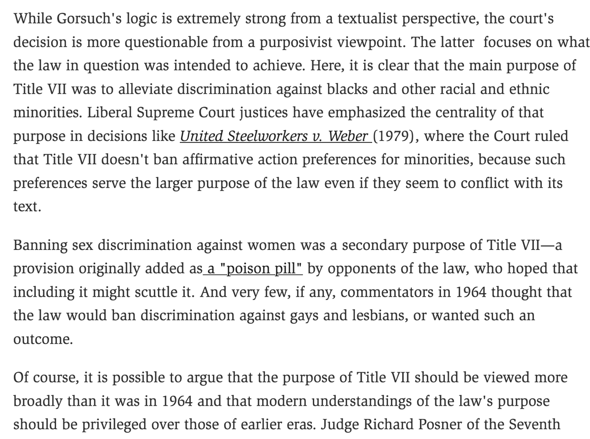 So I completely disagree with  @IlyaSomin , who says textualism is strong here, purposivism weaker. 3/  https://reason.com/2020/06/15/textualism-and-purposivism-in-todays-supreme-court-decision-on-discrimination-against-gays-lesbians-and-transsexuals/