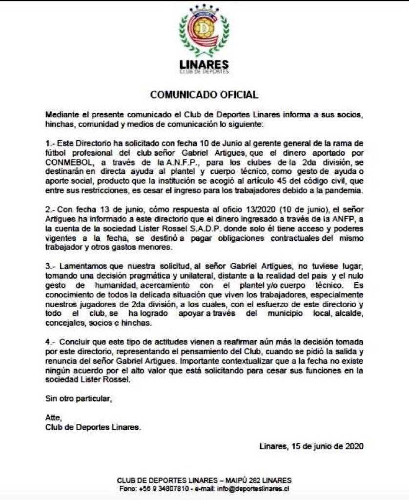 sifup's tweet photo. El club @ClubDepLinares denuncia que su gerente, @gabrielartigues, usó recursos entregados por @CONMEBOL para fines particulares y no para ayudar a trabajadores. Advertimos  esto hace semanas y ahora esperamos que se ���tomen cartas”. Sifup seguirá apoyando a los jugadores https://t.co/qeikUzBqGd