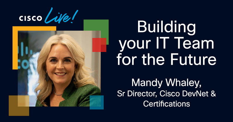 CiscoChampion's tweet photo. Tune in to the Possibilities Channel during #CiscoLive on June 17, 10:05am PT, to hear @mandywhaley, Sr. Director of Cisco #DevNet and CX Certifications, talk about how to build the IT team of the future. https://t.co/Z6YM79HmTt https://t.co/fGNbqcPZYz