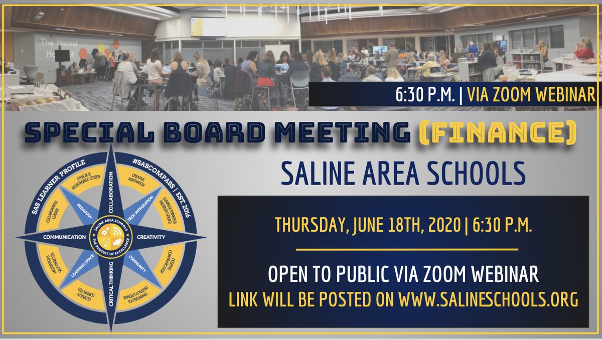 The SAS Board of Education will soon pass the budget for the 2020-2021 school year. Interested in learning more? Tune in this Thursday (via Zoom) to a Special Board Meeting (Finance). #SASCompass