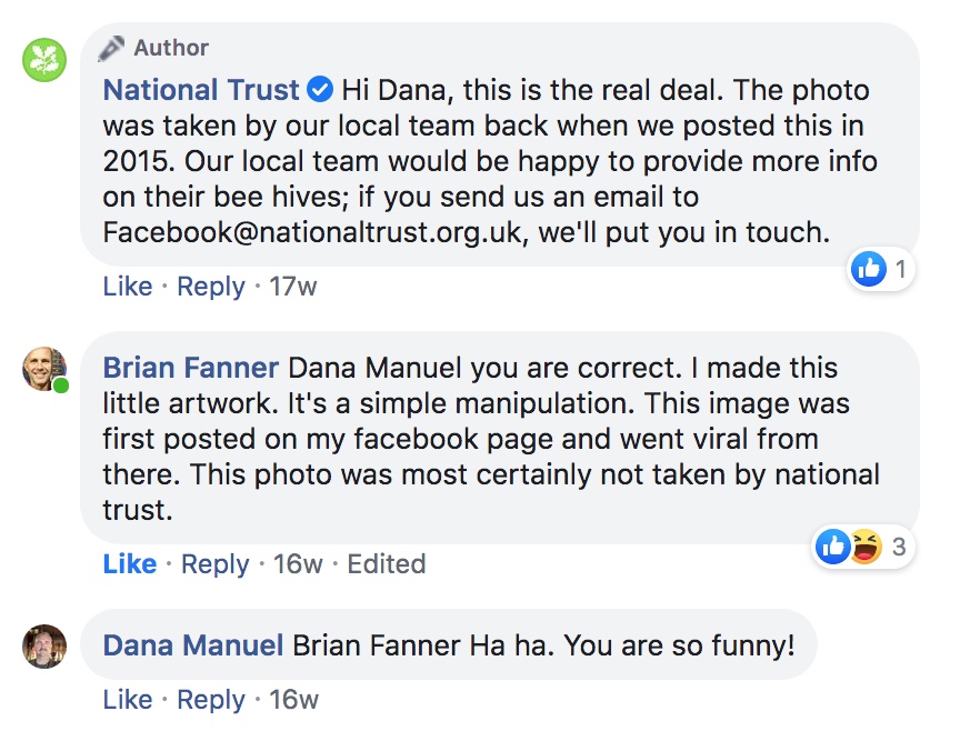 Then we meet Brian Fanner.Brian says in reply to the NT FB post (some 16 weeks ago, which puts us around the time of the Feb 2020  @mymodernmet story, when perhaps Brian became aware of it circulating again): "I made this."Although, Dana doesn't appear to believe him.  /11