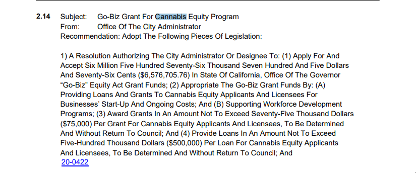 One of the items on the consent calendar directs state aid to equity cannabis businesses in the form of no interest loans and grants. Apparently, City will be providing more of the money as grants, not loans due to losses specifically to cannabis during looting  #oakmtg