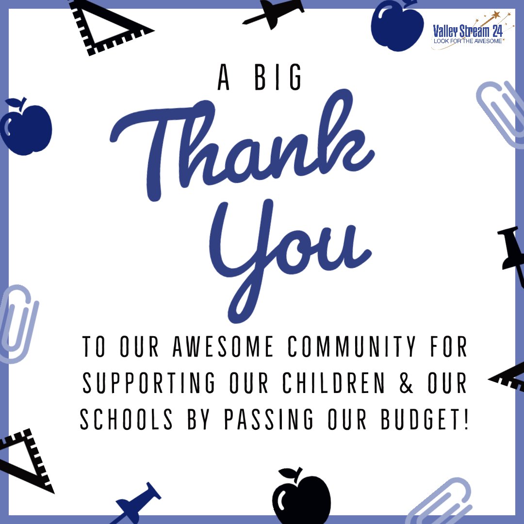 Thank you to all of our #awesome VS24 community for helping pass our 2020-2021 Budget!

#LookForTheAwesome #VS24 
<a href="/DonSturz/">Don Sturz</a> <a href="/ValleyStreamWLB/">William L. Buck School</a> <a href="/ValleyStreamRWC/">Robert W. Carbonaro School</a> <a href="/ValleyStreamBAS/">Brooklyn Avenue School</a>