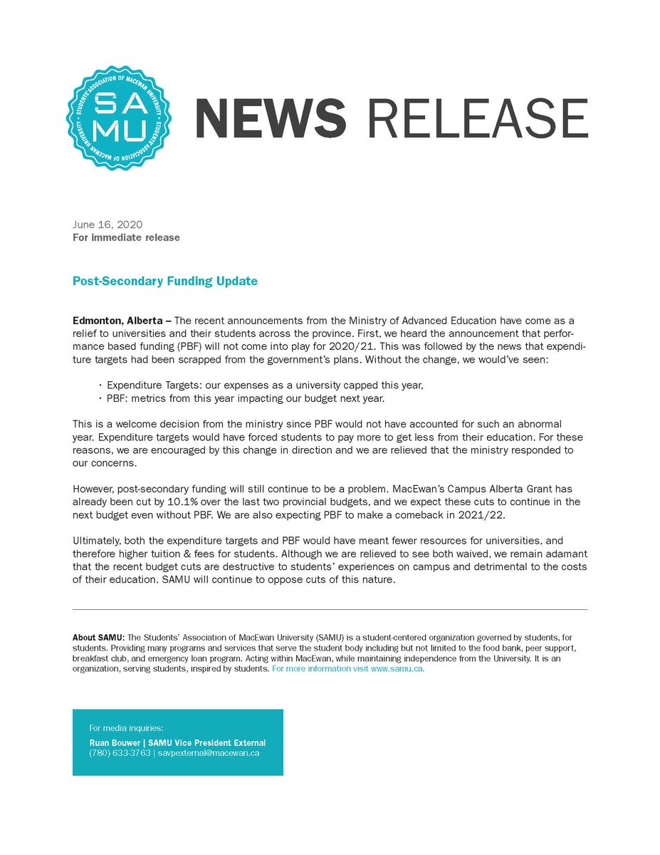The Government of Alberta has made some updates to their plans for #abpse funding. SAMU is pleased with these changes, but we know there is more work to do in order to keep student costs down. See our full release below.