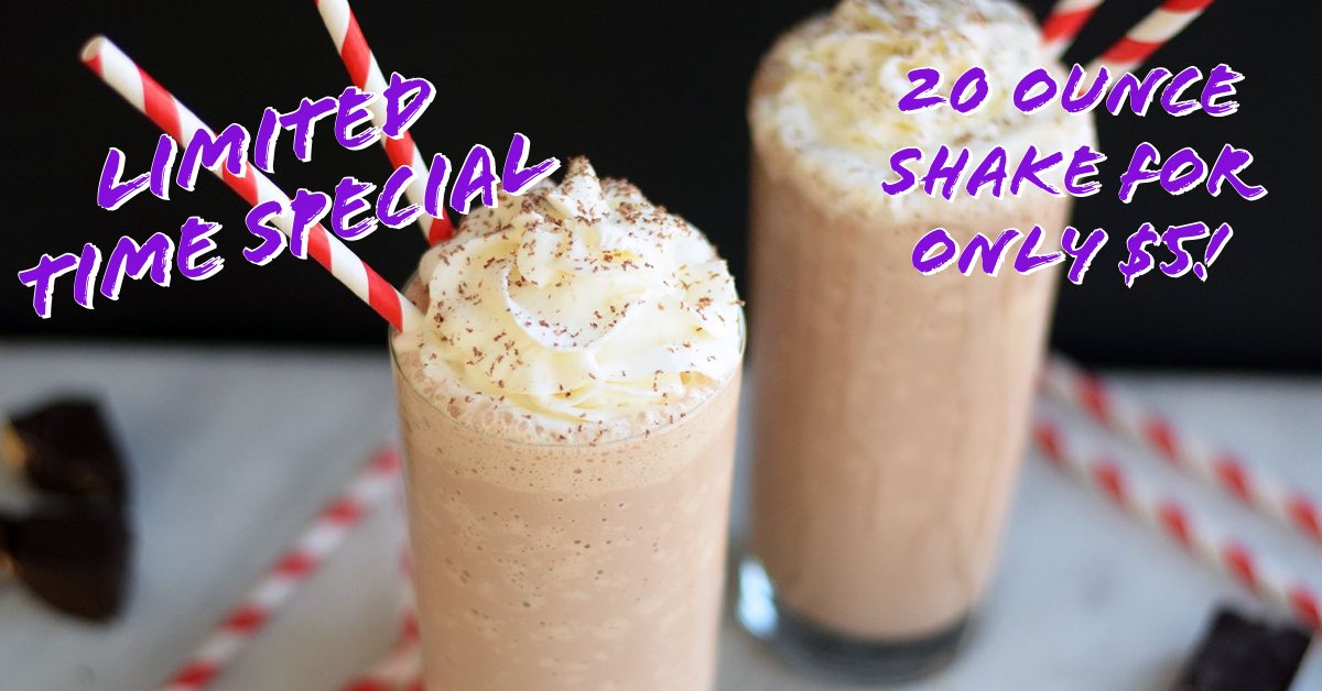 It's an ice cream kinda day today! 

Get in on our special before the end of the week.  

Our 20 shake is only $5 this week.  It will cost you $6 next week.  

M 11am - 3pm
T  11am - 3pm
W 11am - 3pm
T  11am - 6pm
F  11am - 6pm
S  11am - 6pm
S  CLOSED