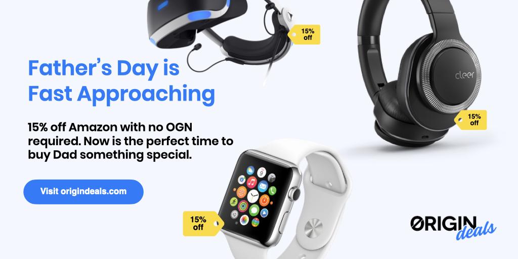 OriginProtocol's tweet photo. #FathersDay is fast approaching and all first time users of @OriginDeals can save 15% on @amazon without needing to lockup $OGN. 

Visit https://t.co/MOALJHTmba today and buy Dad something extra nice (15% nicer to be exact). 💙 https://t.co/2ivZw4AYaI