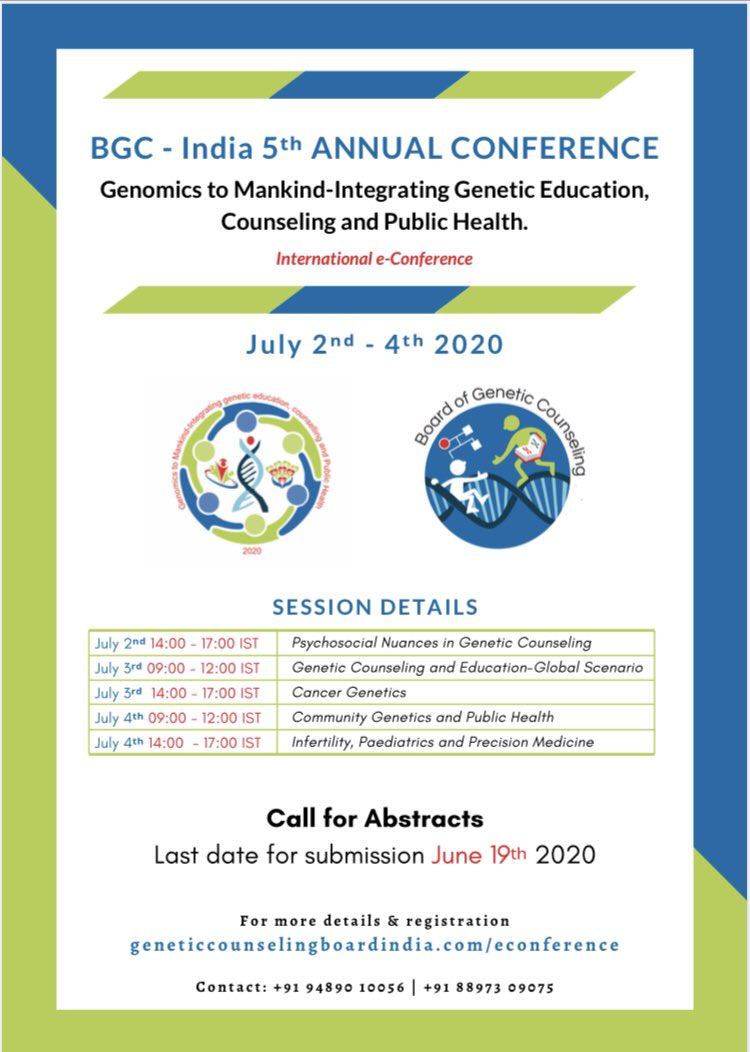 PSGCinAsia's tweet photo. We welcome everyone to attend Board of Genetic Counseling India e- Conference. PSGCA members can avail discounted registration rate! 
Note the abstract deadline (June 19th).
https://t.co/D6ERlilf8Q https://t.co/PxS1ejviGU