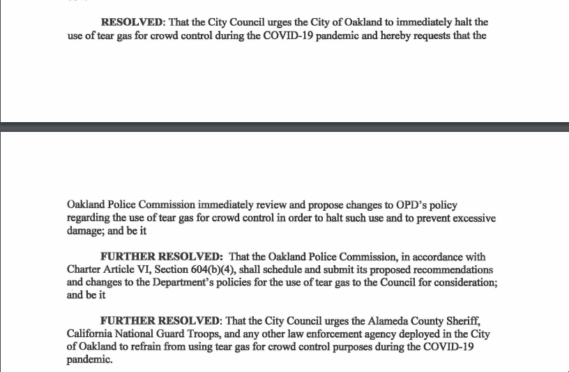 Bas' tear gas item is symbolic, will only "urge" City to stop using tear gas during covid-19. It will require Police Commission to come back to Council w/a new use policy, which fits in w/Commission policy work currently going on. Its not a ban, as Bas just suggested tho  #oakmtg