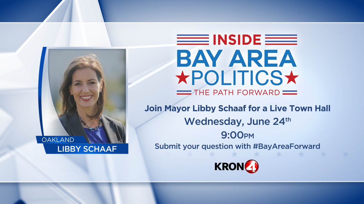 kron4news's tweet photo. ASK YOUR MAYOR: Oakland Mayor @LibbySchaaf will join KRON4 for a live town hall on how the Bay Area is moving forward from the #coronavirus pandemic &amp; the recent protests. 

Do you have a question for Mayor Schaaf? Submit a question here: https://t.co/U1rdUn6lMm

#BayAreaForward https://t.co/EUw0nmF25n