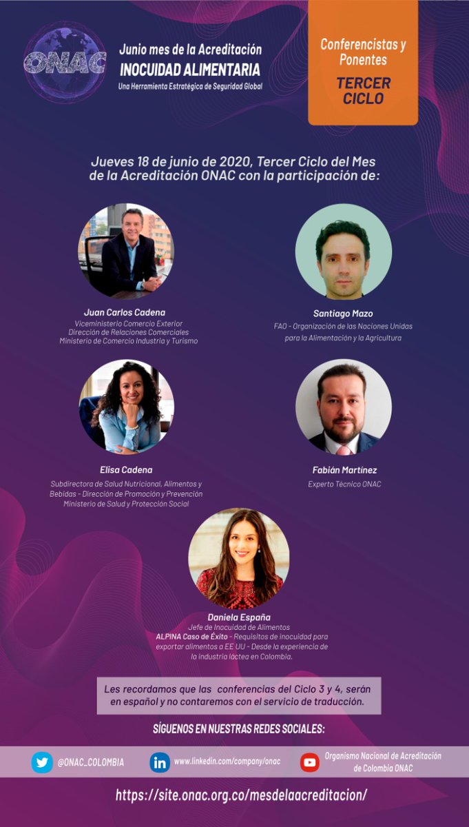 ONAC_COLOMBIA's tweet photo. Este 18 de junio a las 9:00 am hora Colombia, todos invitados al Tercer Ciclo del #MesDeLaAcreditación
@ONAC_COLOMBIA con @MincomercioCo @FAO @MinSaludCol #ExpertoONAC Fabián Martínez #CalidadComoEstrategia #InocuidadAlimentaria Inscripciones en https://t.co/gR3VLIgAwO https://t.co/jGMnP2uptk