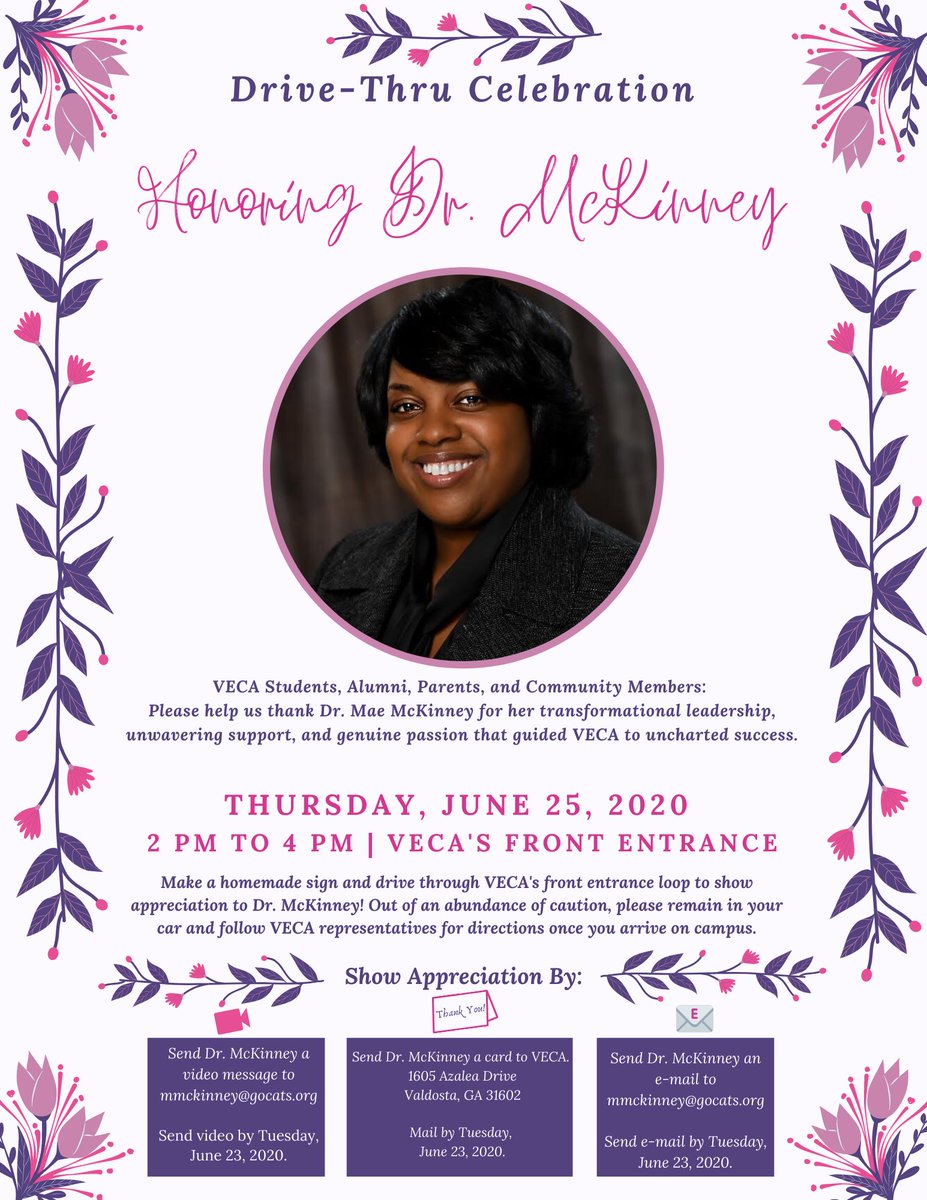 vecanews's tweet photo. Greetings VECA Family,
As of June 30, 2020, Dr. McKinney will be leaving the position of principal at VECA. To celebrate all of her dedication and leadership to VECA, a Drive-Thru Celebration will be held on Thurs., June 25th, from 2 PM to 4 PM in her honor. https://t.co/CbUwpuFuco