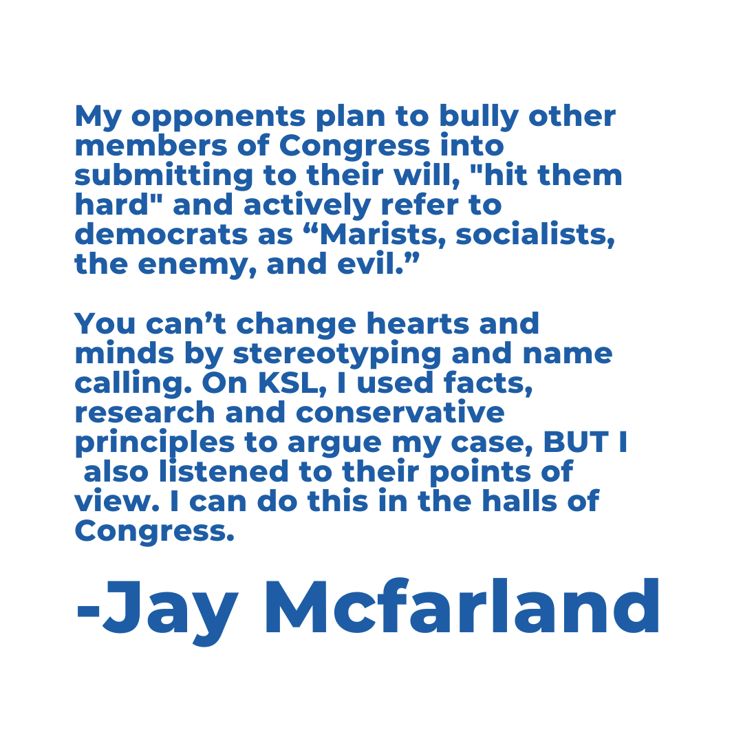 JayMcfarland's tweet photo. 3 of the biggest reasons I differ from my opponents.
Would you want a Congressperson who can’t get anything done because they refuse to work with others?
https://t.co/ujYejFDBA1
#jaymacpack #mcfarland2020 #jaymac2020 #utpol #gop #utgop https://t.co/1JpnHaHwWq