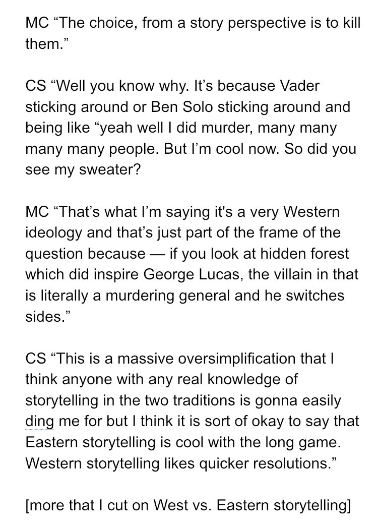 Okay so the conversation begins with CS arguing Yoda/Obi lived to atoneMC brilliantly explained that is something separate bc they arent villains.So then the conversation zeroes in on specifically villian redemption ** there is a more in the audio than i transcribed