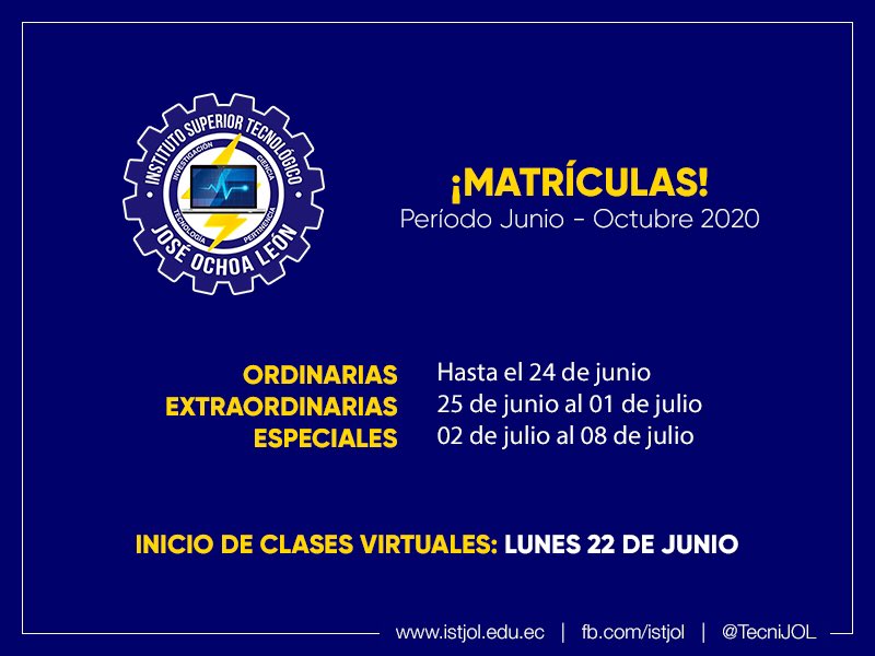 TecniJOL's tweet photo. 📣 Atentos a las MATRÍCULAS para el período Junio - Octubre 2020 (IPA2020) 👩‍💻

🔵 Inicio de clases virtuales: 22/junio 🗓

🟡 Inducción para estudiantes de 1er. ingreso y horarios ➡️ correo electrónico.

@EduSuperiorEc @agustinalbanm 

#ISTJOL ⚙️ https://t.co/XBuoNN1ubx