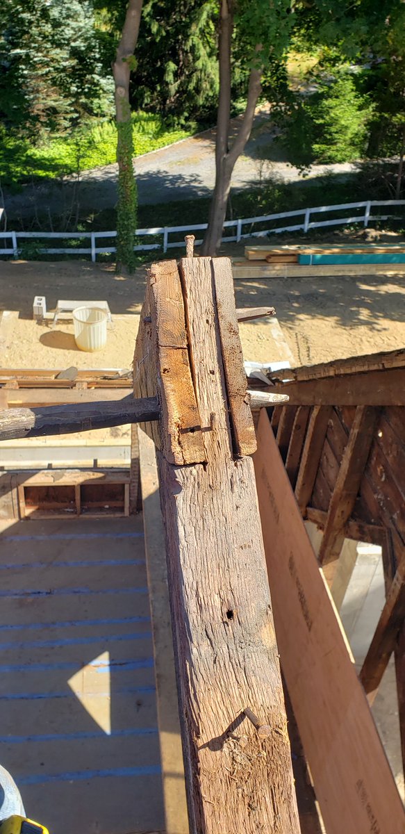 Worked really hard today.We took the roof off a 300 year old house.It was the original Van Brunt Manor back in 1720, in the Village of Poquott (founded in 1659) and used to sit on 300 acres.These roof rafters were mortise and tenon as was much of the frame.