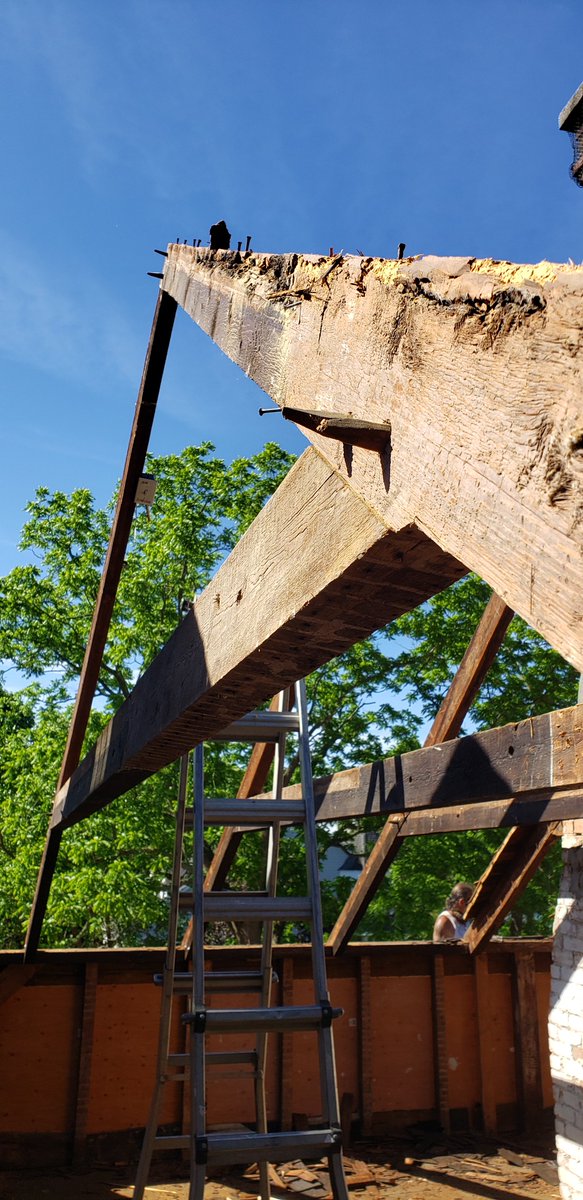Worked really hard today.We took the roof off a 300 year old house.It was the original Van Brunt Manor back in 1720, in the Village of Poquott (founded in 1659) and used to sit on 300 acres.These roof rafters were mortise and tenon as was much of the frame.