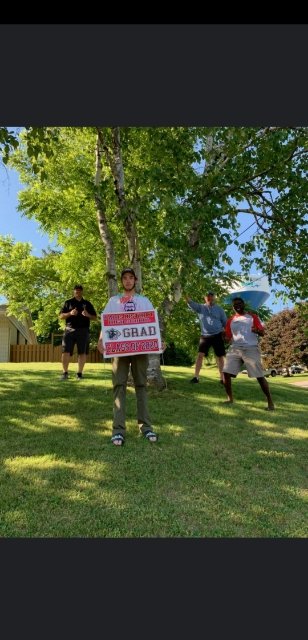 PDHSPrincipal's tweet photo. Grad 2020 sign delivered to Myles from his favourite teacher-coaches, Mr Thomas, Mr Crosby and Mr Wittchen. Congratulations Myles. #UniquelyPDHS #grad2020 #pantherstrong #inthistogether #schoolspirit https://t.co/ZEAzyKsZG5