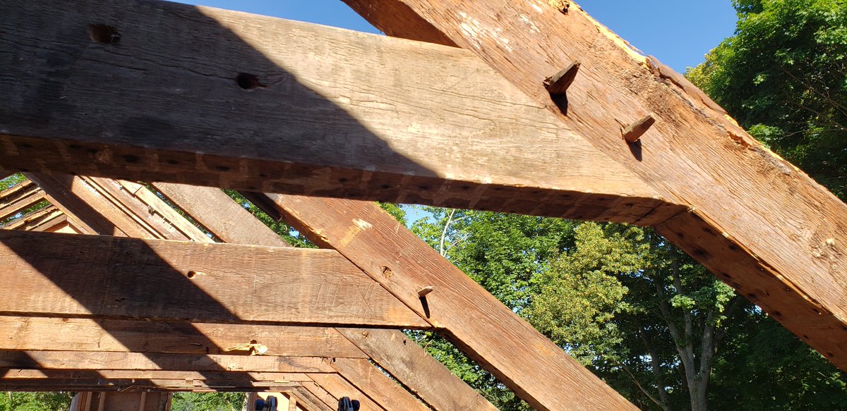 Worked really hard today.We took the roof off a 300 year old house.It was the original Van Brunt Manor back in 1720, in the Village of Poquott (founded in 1659) and used to sit on 300 acres.These roof rafters were mortise and tenon as was much of the frame.
