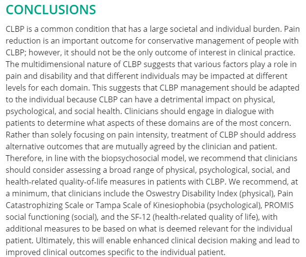 Future studies examining these outcomes are warranted given the importance of considering these variables during the management of non-specific chronic low back pain:  https://pubmed.ncbi.nlm.nih.gov/31610090/ 18/24