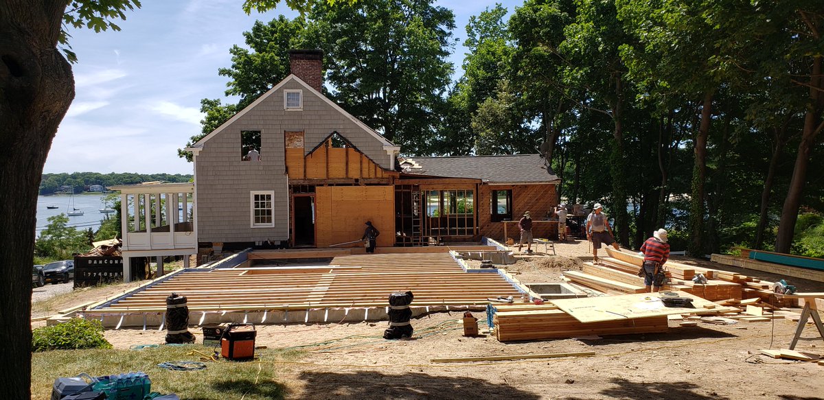 This house overlooks a beautiful harbor. A very nice setting to work in, and the day was spectacular.We are doing a major addition as well as renovating the old section.We disassembled the roof rafters to be re-purposed in the finished house.