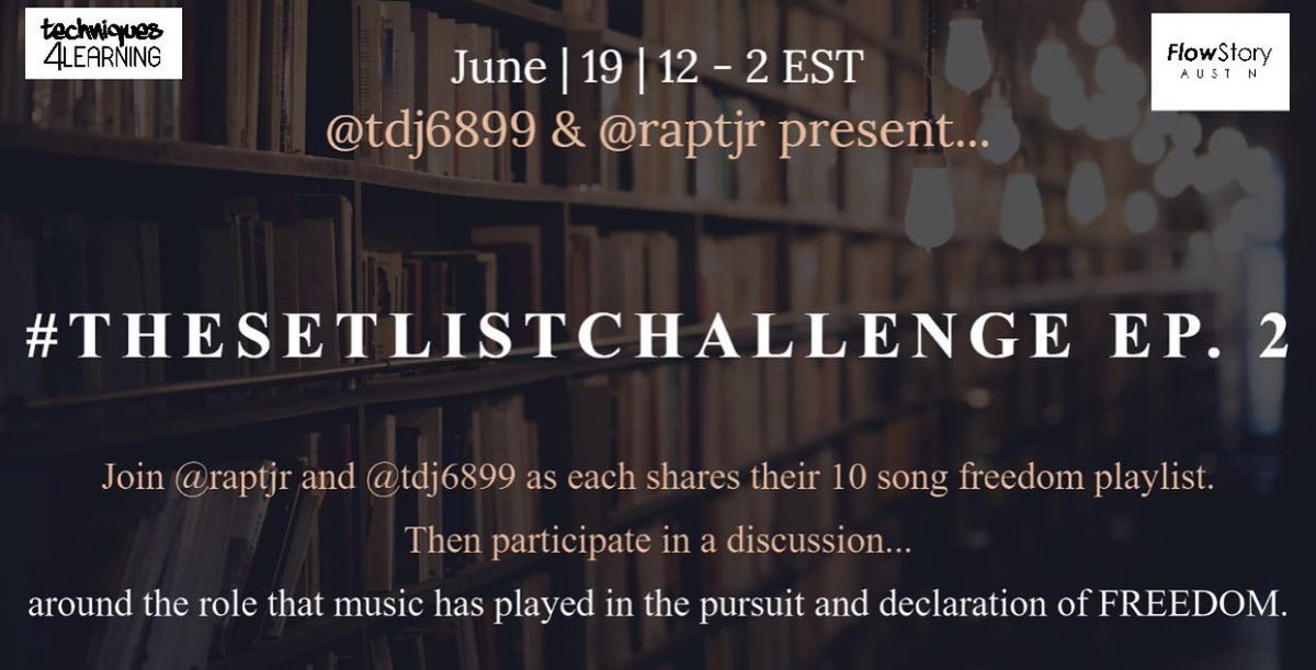 tdj6899's tweet photo. Join me and @raptjr for special Juneteenth Freedom edition of #TheSetListChallenge 6/19 12-2pm EST https://t.co/3t2FG1PD9X #HipHopEd https://t.co/6vV0IokT04