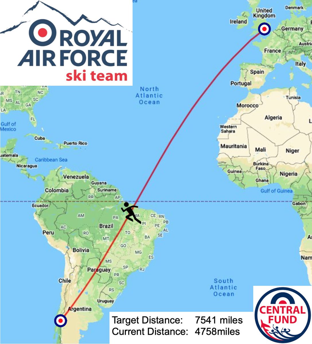 Its week 4 of #chilechallenge
Lots of milestones passed last week, we are now more than half way through our challenge, we have crossed into the southern hemisphere and we are now over Brazil.
Please donate justgiving.com/fundraising/ra…
<a href="/RAFCentralFund/">RAFCentralFund</a> <a href="/HQRAFSport/">RAFSport</a> <a href="/rafwintersport/">RAF Winter Sports Alpine Association</a>