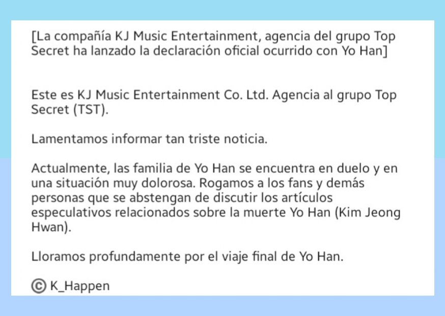 K_Happen's tweet photo. [La compañía KJ Music Entertainment, agencia del grupo Top Secret ha lanzado la declaración oficial ocurrido con Yo Han]

🖇 https://t.co/VWkwHr8N3n

#TST #YoHan

Lee el comunicado oficial aquí 👇🏻👇🏻 https://t.co/eXElDGxlqy