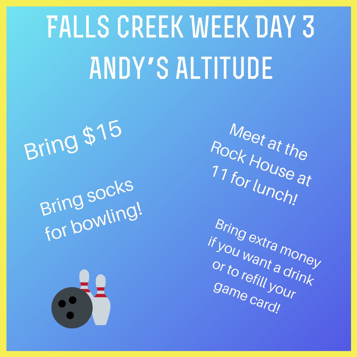 mwbcstumin's tweet photo. Falls Creek Week Day 3 tomorrow! Bring $15! Lunch is provided! https://t.co/3Kam5ABzbm
