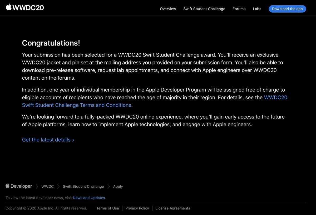 dave_jha's tweet photo. I never imagined this would happen.

Beyond excited to share that I been selected for a @Apple WWDC20 Swift Student Challenge award. 

This has been a dream come true since watching WWDC keynotes in middle school.

#SwiftStudentChallenge #WWDC20 #WWDC2020 https://t.co/qkD9qfOtNr