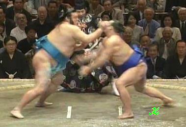 立合いで、闘牙に思い切り張られ、押し倒された高見盛。 勝った闘牙は