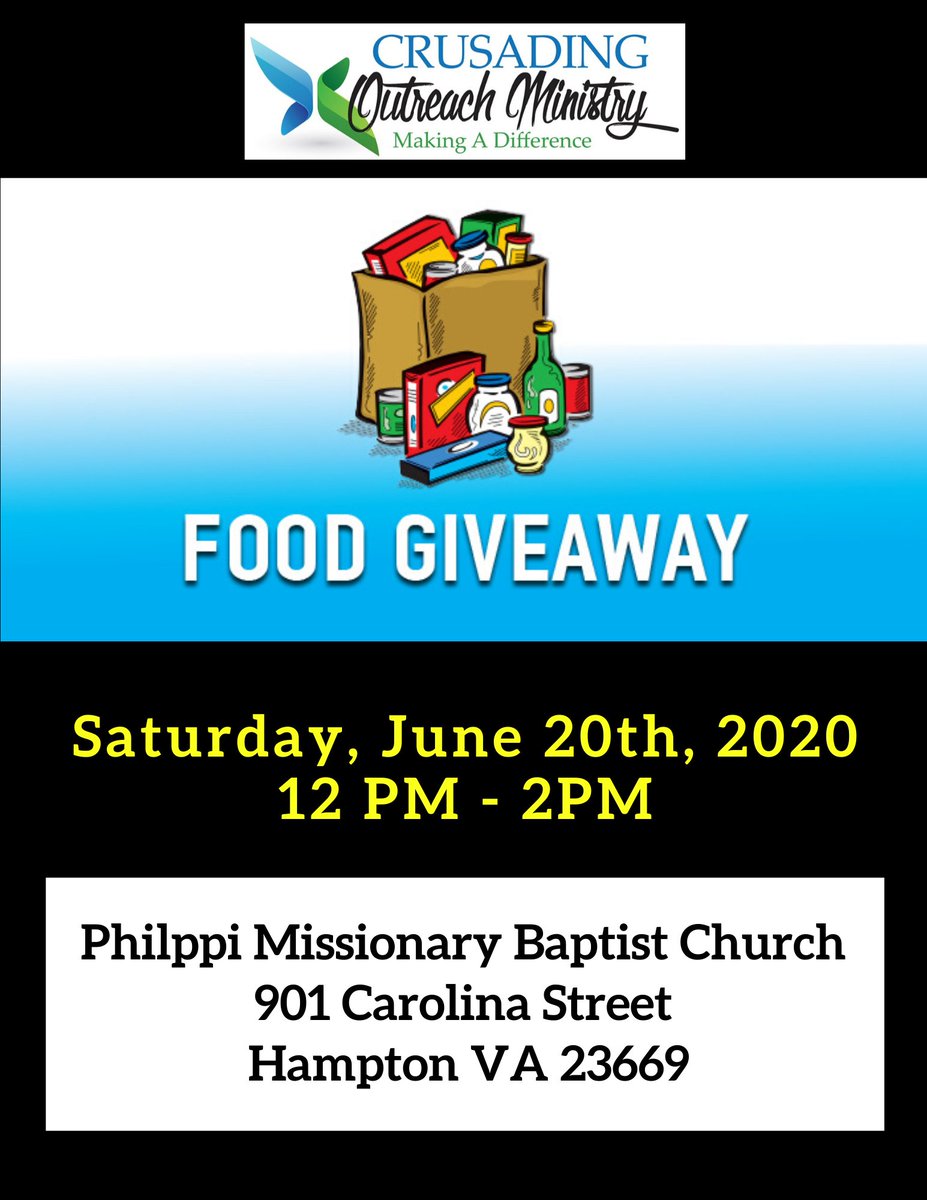CrusadingOutrea's tweet photo. 🍽📢📣FREE FOOD Giveaway-This SATURDAY!🍽📢📣

Join our Community Health Directors, Pastor &amp; 1st Lady Shorter, for a FREE FOOD Giveaway, this Saturday 12-2pm. Share this post and tell anyone you know who is in need.

#CrusadingOutreach #CityOfHampton  #NonProfit #FoodPantry https://t.co/4RtfwxQOgT
