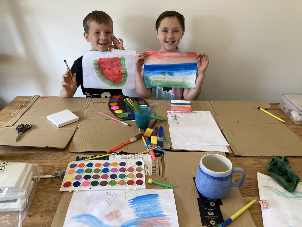 Murrays2012's tweet photo. @StAnthony3_4S @StAnthony1_2A Sophia’s sunset and Louis’ watermelon artwork from yesterday. WRM done too. https://t.co/ziwaIk3EdC