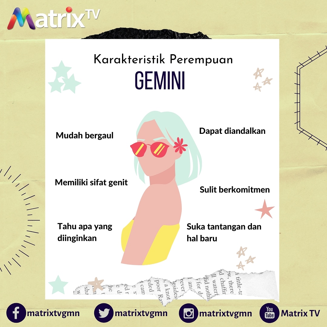 Karakteristik perempuan gemini, gimana menurut kalian ? ⠀
bener gak nihh ramalan mimin.⠀
Tag temen kamu yang berzodiak gemini juga dan selamat ulang tahun untuk gemini.
--⠀
--⠀
Matrix TV, TV Pilihan Keluarga Anda !!!⠀
#matrixtv #zodiak #gemini   #faktagemini