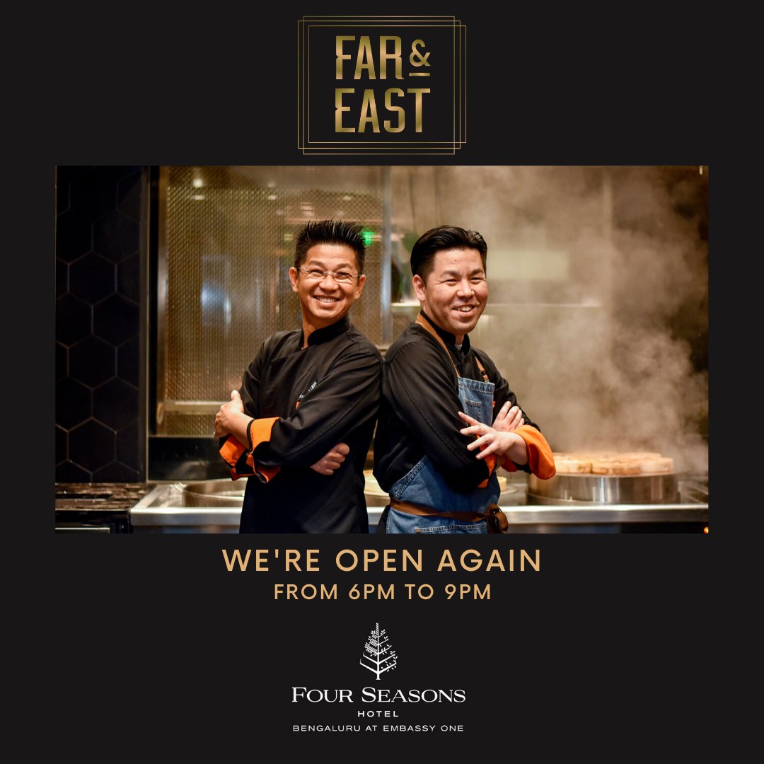 TheEmbassyGroup's tweet photo. Bangalore’s new favourite Asian restaurant at @FSBengaluru @ Embassy ONE, Far & East is now back.
Open for dinner from 6pm. Call 080 4522 2222 to make reservations.
#EmbassyGroup #EmbassyONE #FourSeasons #AsianRestaurant https://t.co/iA2mu13bqi