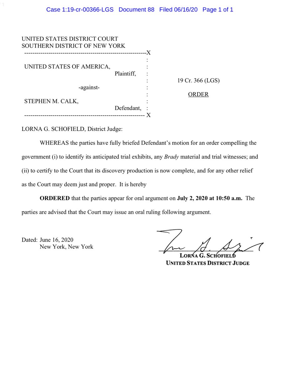 Remember that the Court has yet to rule on Calk’s motion - he contends that the Government withheld Brady material.Oral Arguments set (for that matter) July 2, 2020 https://ecf.nysd.uscourts.gov/doc1/127127061456