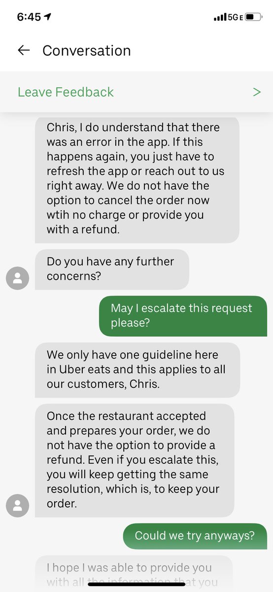the_sultan7's tweet photo. @Uber_Support the Eats app threw an error saying an order did not go through, and it showed up on my doorstep anyways. Your agent acknowledges this happened, but refused my request to escalate by ending the chat? Not a good look, probably going to use @DoorDash from now on https://t.co/qFRaVN1ST1