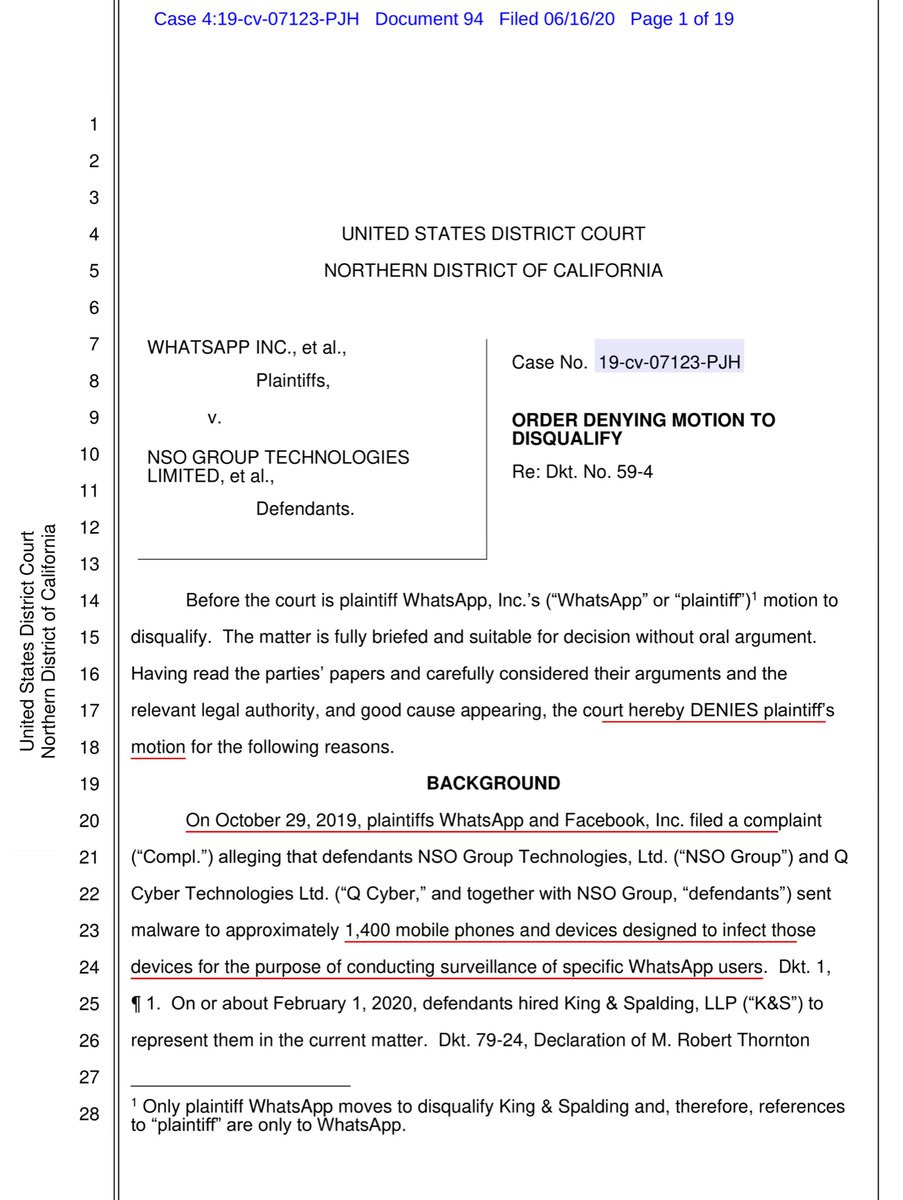 I did NOT have this on my BINGO CARDWhatsApp Motion to Disqualify King & Spaulding DENIEDIt’s a pretty meaning Opinion/Order but one take away is WhatsApp overreached with their motion to disqualify  https://ecf.cand.uscourts.gov/doc1/035019380306?caseid=350613