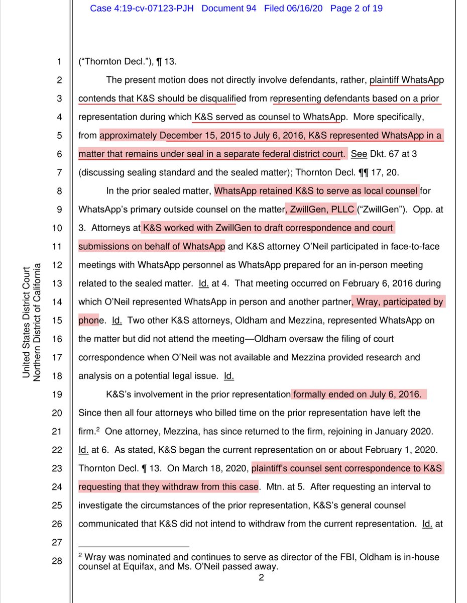 I did NOT have this on my BINGO CARDWhatsApp Motion to Disqualify King & Spaulding DENIEDIt’s a pretty meaning Opinion/Order but one take away is WhatsApp overreached with their motion to disqualify  https://ecf.cand.uscourts.gov/doc1/035019380306?caseid=350613