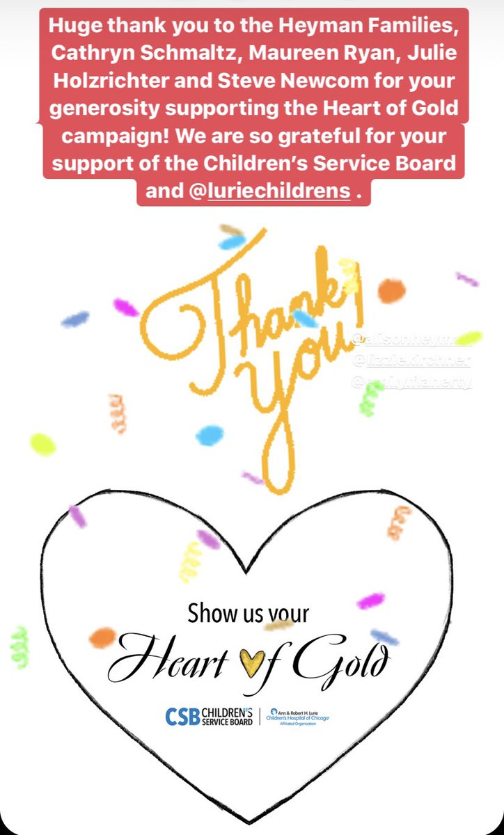 CSB_GCFS's tweet photo. Huge thank you to the Heyman Families, Cathryn Schmaltz, Maureen Ryan, Julie Holzrichter and Steve Newcom for your generosity supporting the Heart of Gold campaign! We are so grateful for your support of the CSB &amp; @LurieChildrens https://t.co/7BX1ubZfA8(link to donate) https://t.co/rTO8sWsg2m