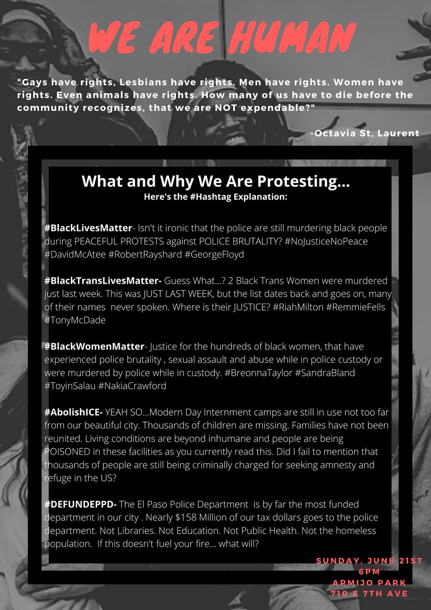 WeAreHuman_EP's tweet photo. EL PASO! We can't lose moment! The fight must continue! #blacklivesmatter #blacktranslivesmatter #blackwomenmatter #blackwomenslivesmatter #abolishice #FTP https://t.co/UEhcDkN6w4