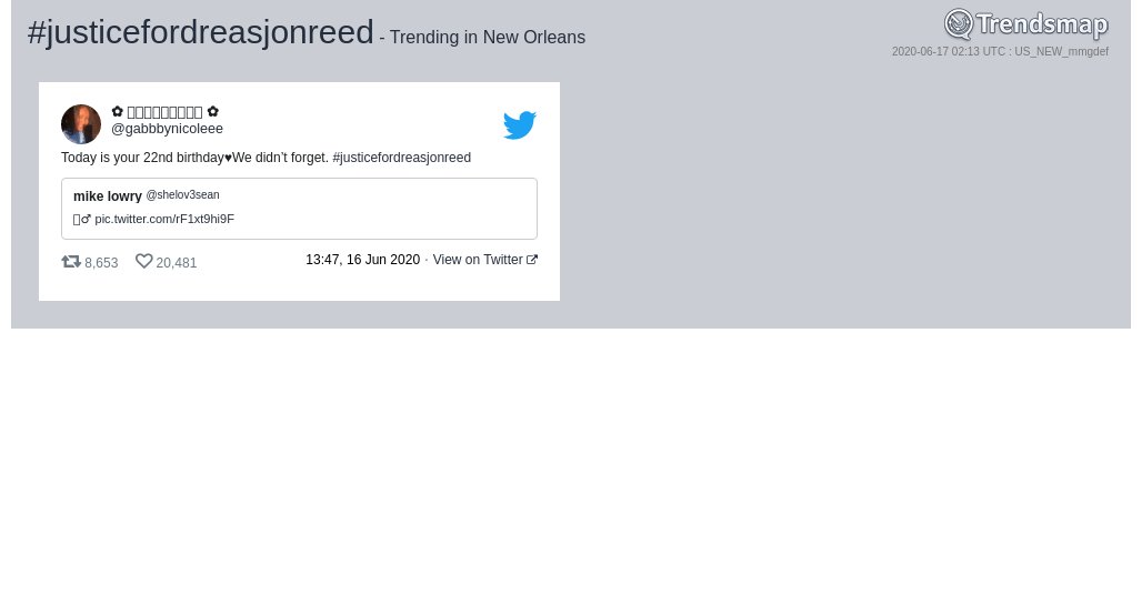 TrendsNOLA's tweet photo. #justicefordreasjonreed is now trending in #NewOrleans

https://t.co/ItZ4uay1S4 https://t.co/CSsTCVTjgJ