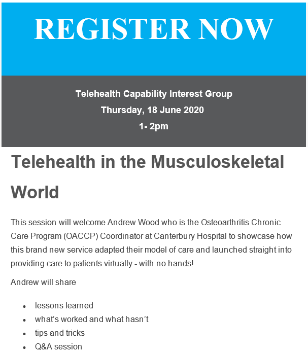 The next Telehealth Capability Interest Group (TCIG) meeting will be focusing on #Telehealth in the #Musculoskeletal World.  
To register for the meeting this Thursday at 1-2pm click here 👉 aci.health.nsw.gov.au/about-aci/cale…
<a href="/thompsonjuliak/">Julia Thompson</a> <a href="/donna_parkes1/">Donna Parkes</a> <a href="/andrewjwood2305/">Andrew Wood</a>