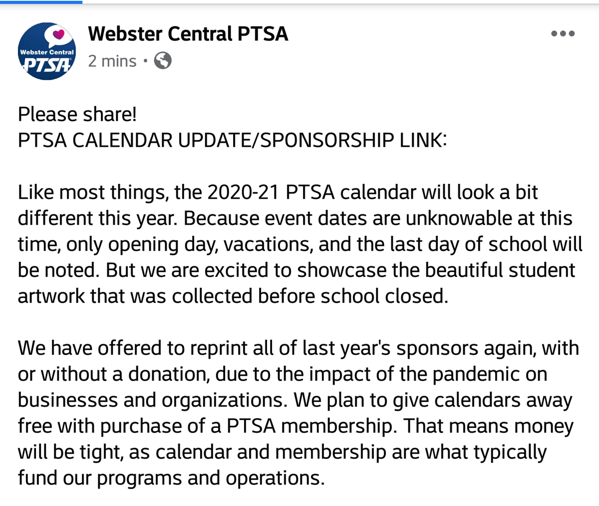 WebsterNYPTSA's tweet photo. Please read our image below for an update on our annual print PTSA calendar. 
If any individuals or businesses would like to make a donation in any amount (including sponsorship) to help us continue our work supporting students, please visit: https://t.co/9goNPmY94n. @WCSDProud https://t.co/O0NWg2FbSt