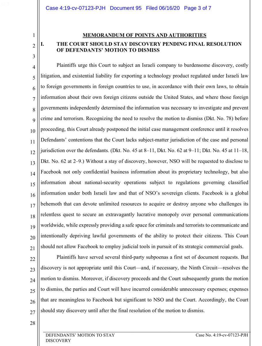 NSO argues that discovery should be stayed until the Court Rules on their Motion to Dismiss.Now I’m going to start tweeting kitten gifs & other non substantive shit. Those seem to go viral whereas legal filings & facts get ignored.What's the point? https://drive.google.com/file/d/10s_W8acqXA5dxv0JrQEW2uXygs7gL71q/view?usp=drivesdk